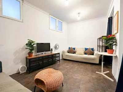 Una televisión o centro de entretenimiento en Urbano y acogedor estudio en sótano