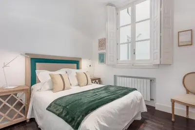Cama o camas de una habitación en Elegant Spacious Apartment for 4 High Ceilings Natural Light Madrid