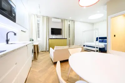 Una televisión o centro de entretenimiento en Acogedor estudio interior con todas las comodidades en el centro de Madrid NDA11BII