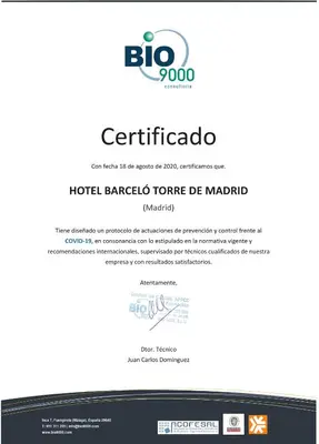 Certificado, premio, señal o documento que está expuesto en Barceló Torre de Madrid